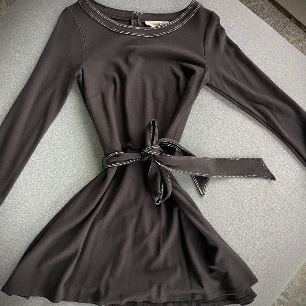 LOFT Women's Black with White Trim Belted Flare Dress | Size: 00 | Long Sleeve